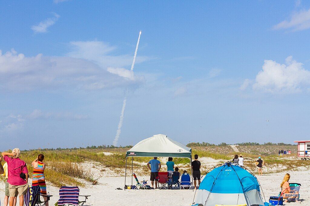 Jetty Park rocket launch viewing area with oceanfront setting on Florida's Space Coast.