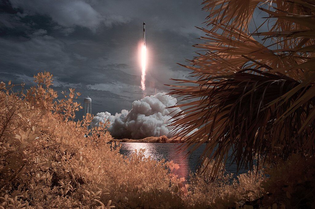 An infrared view of a rocket launching amid clouds, framed by palm leaves and reflected in a body of water. Space coast launches are the most popular attraction on Florida's space coast.